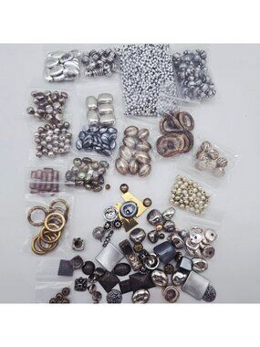 Assorted Jewelry Making Beads Metallic Silver & Gold Tones Various Shapes Sizes